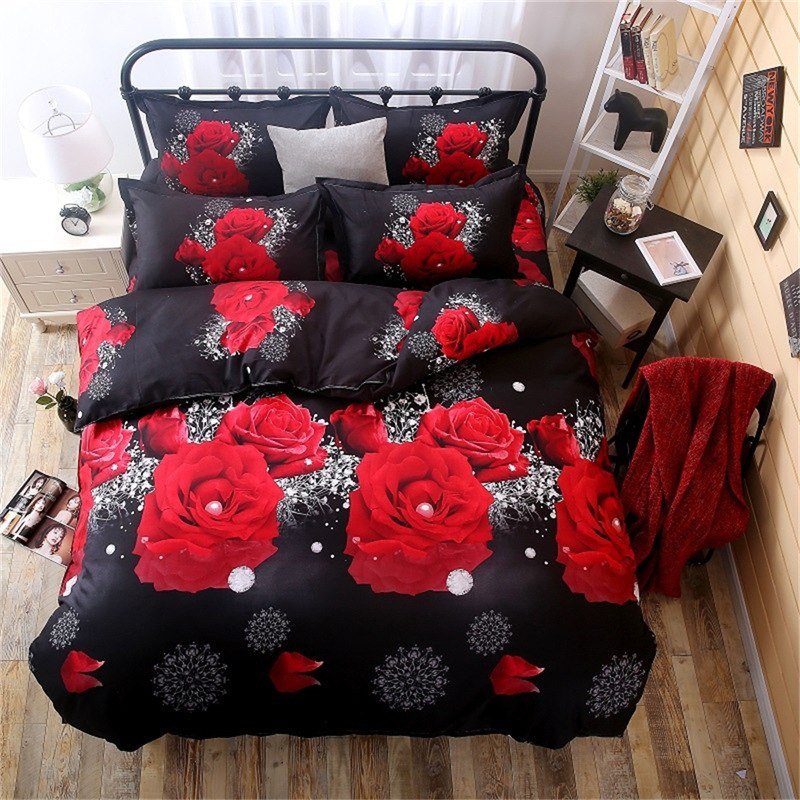 Red Rose 3D Oil Painting Print Duvet Cover Set – Luxe Floral Bedding in 3 Sizes (2 or 3 Piece)