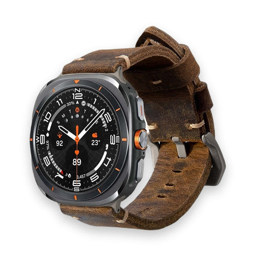 Vintage-style brown leather watch strap with heavy distressing and cream stitching