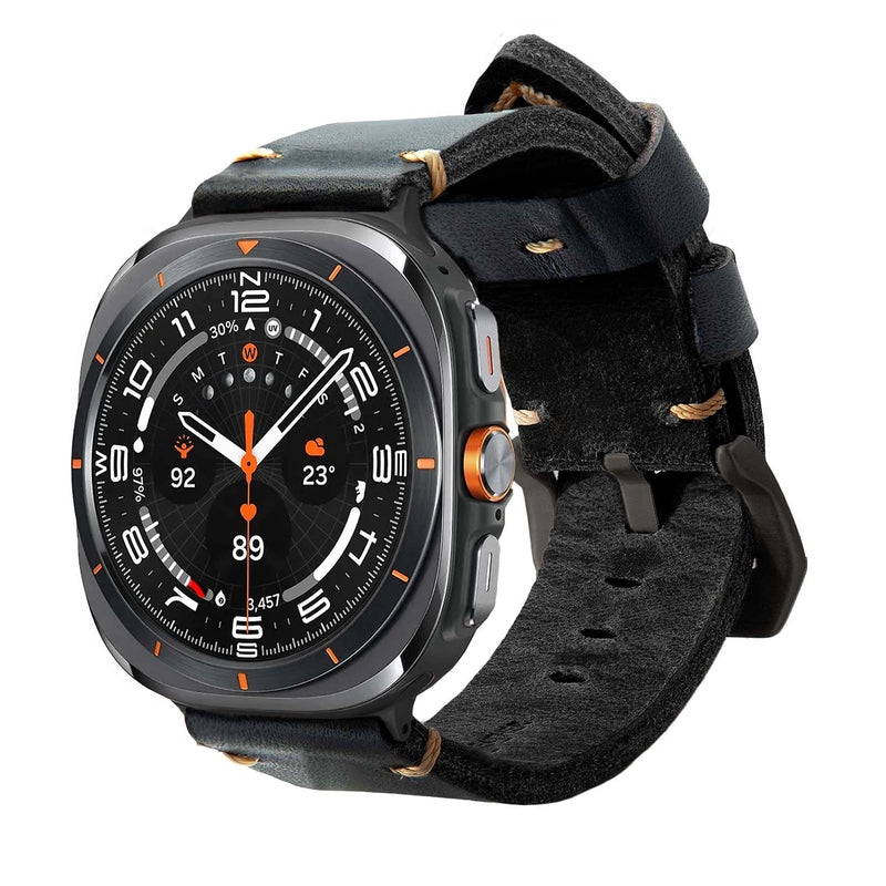 Thick black genuine leather watch strap with exposed tan stitching