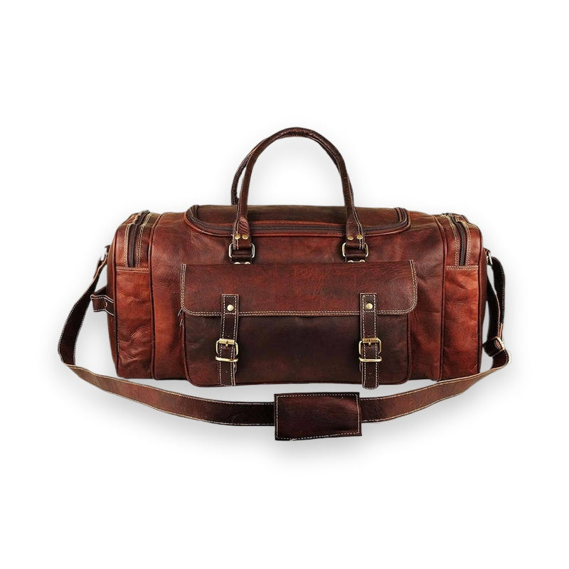 Front view of brown leather weekender duffel with laid-out adjustable shoulder strap and side zippers
