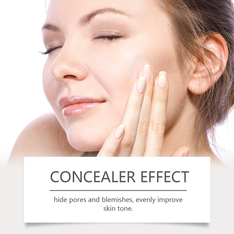 Woman applying concealer effect foundation to hide pores and blemishes