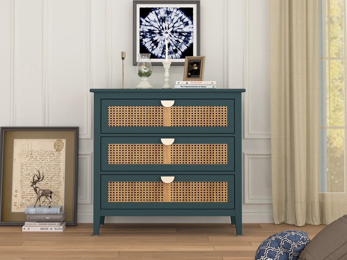 The Wren | Three-Drawer Green Rattan Dresser