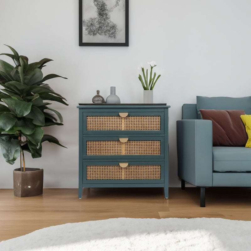 The Wren | Three-Drawer Green Rattan Dresser