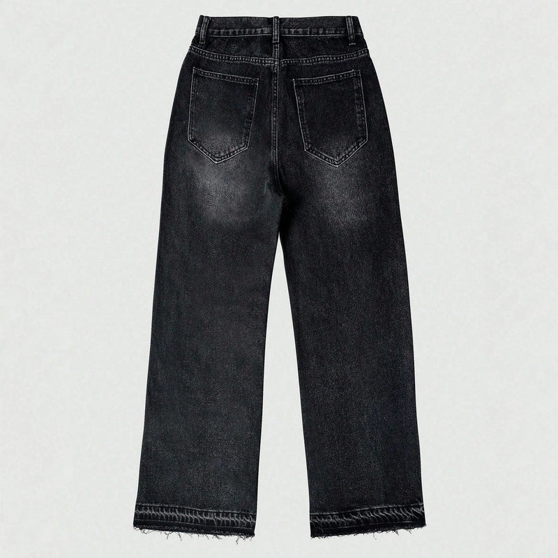 Black vintage washed cotton casual pants back view with raw frayed hem