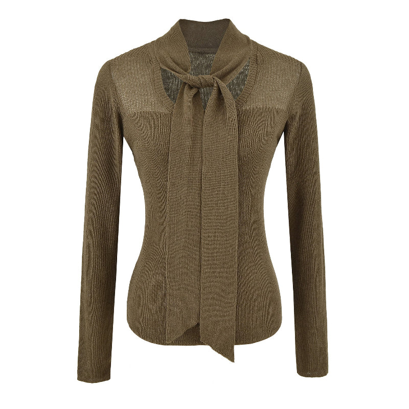 Women's Tie-Neck Wool Blend Knit Top | Slim Fit Long Sleeve Sweater