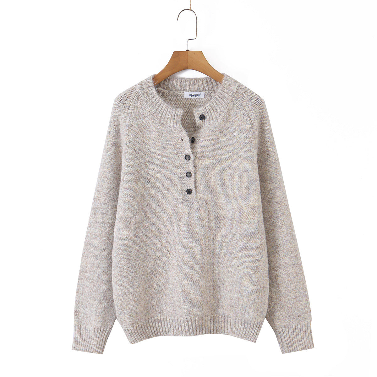 Women's Cropped Knit Pullover | Henley Button Collar | Loose Fit
