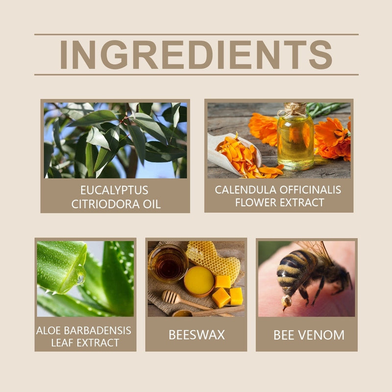 Natural ingredients infographic: Bee Venom, Beeswax, and Aloe Vera