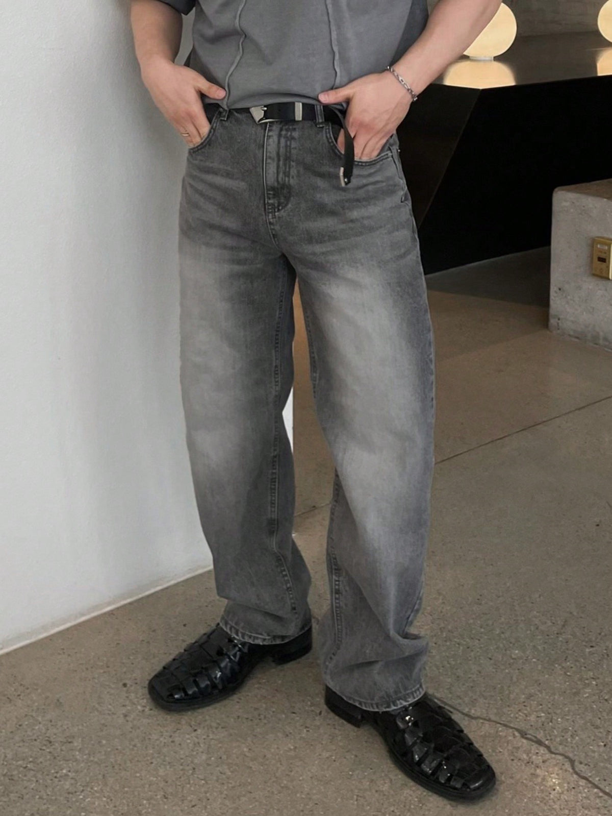 Men's Washed Gray Vintage Denim Casual Pants