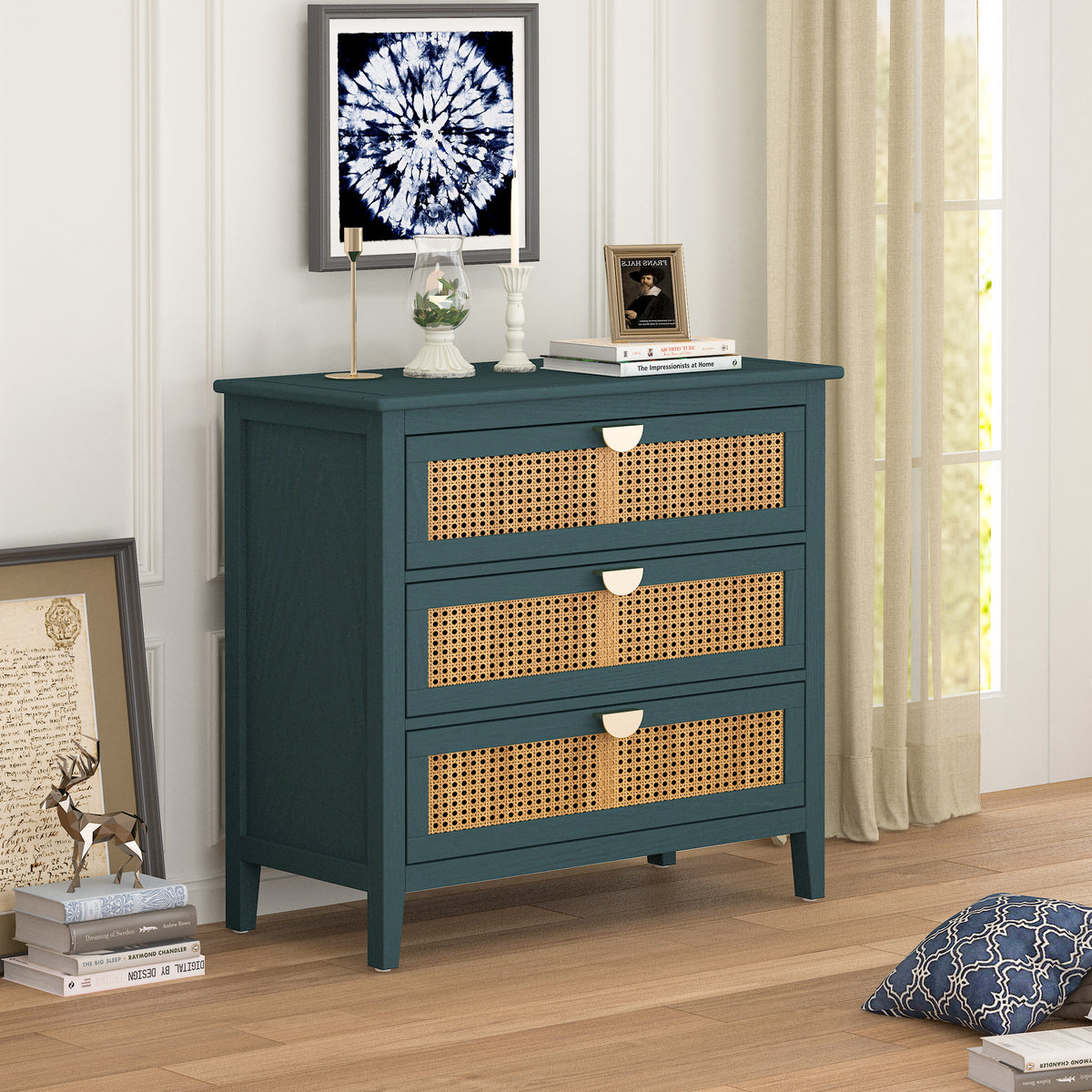 The Wren | Three-Drawer Green Rattan Dresser