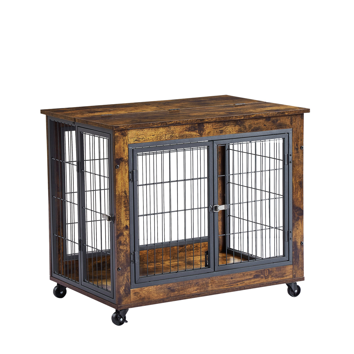 Furniture-Style Dog Crate & Side Table on Wheels – Rustic Brown with Lift Top & Double Doors