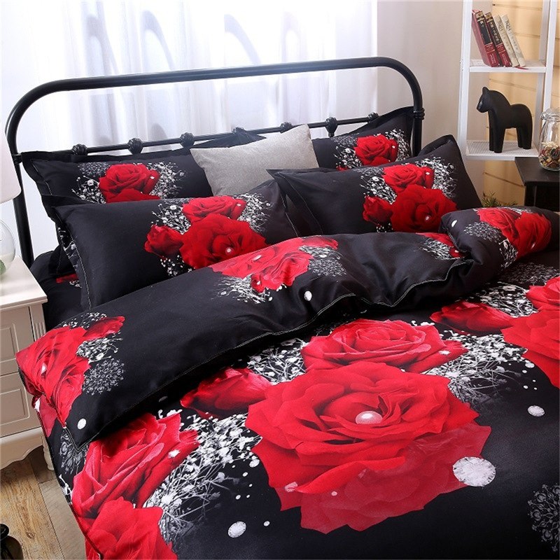 Red Rose 3D Oil Painting Print Duvet Cover Set – Luxe Floral Bedding in 3 Sizes (2 or 3 Piece)