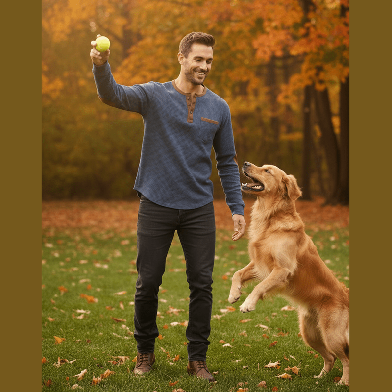 Man wearing blue long sleeve henley shirt playing tennis outdoors in autumn park