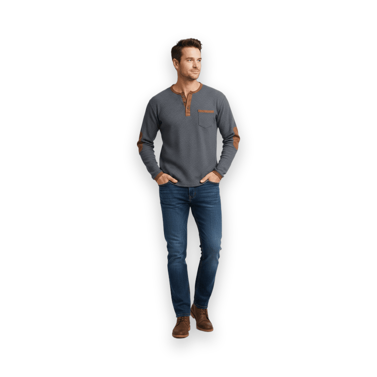 Men's grey waffle-knit long sleeve henley shirt with brown contrast trim and elbow patches