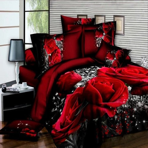 Red Rose 3D Oil Painting Print Duvet Cover Set – Luxe Floral Bedding in 3 Sizes (2 or 3 Piece)