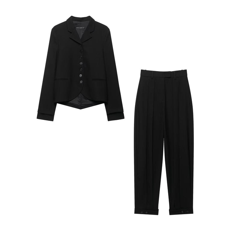 Women’s Single-Breasted Blazer & Pleated Strap Pants Set – Black
