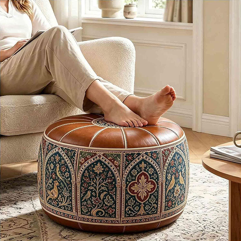 Boho floral PU leather ottoman pouf with hidden storage