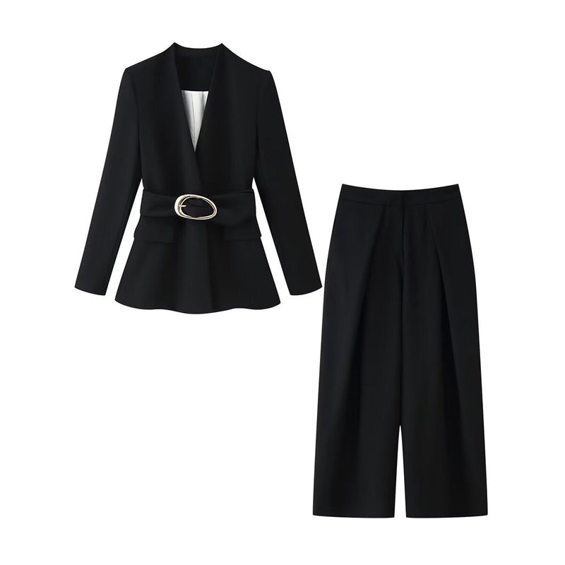 Ensemble blazer et pantalon à taille ceinturée pour femme – Col en V, noir