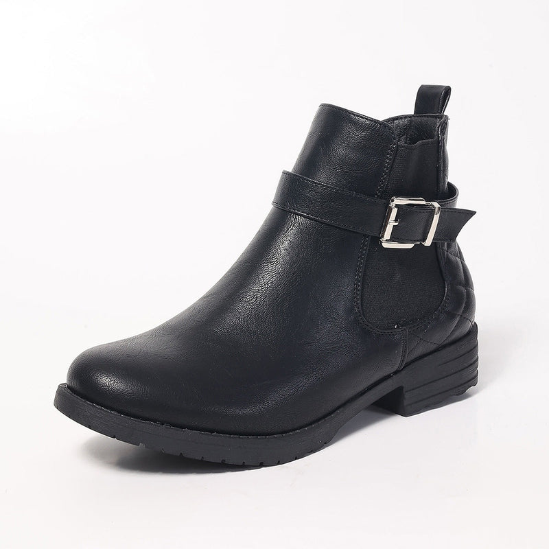Moto | Women's Black PU Leather Ankle Boots | Buckle Strap | Side Zip | Block Heel