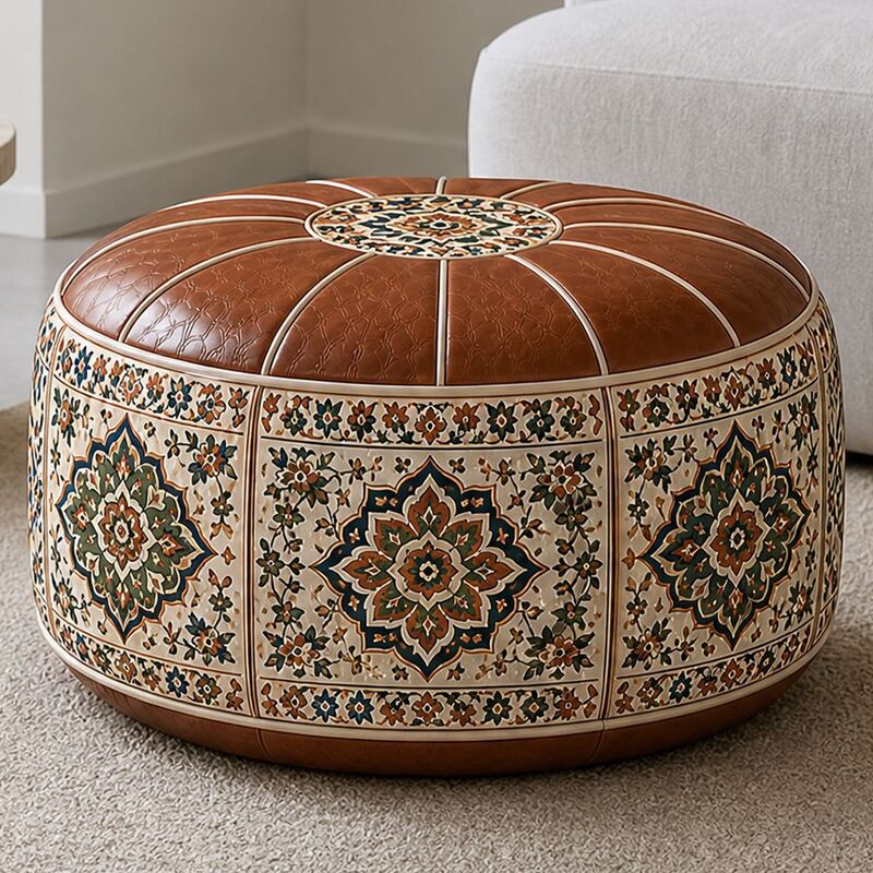 Tufted brown leather ottoman with green floral mandala sides