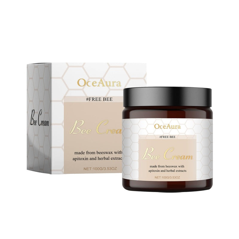 OceAura Bee Venom Body Cream in dark amber jar with honeycomb label