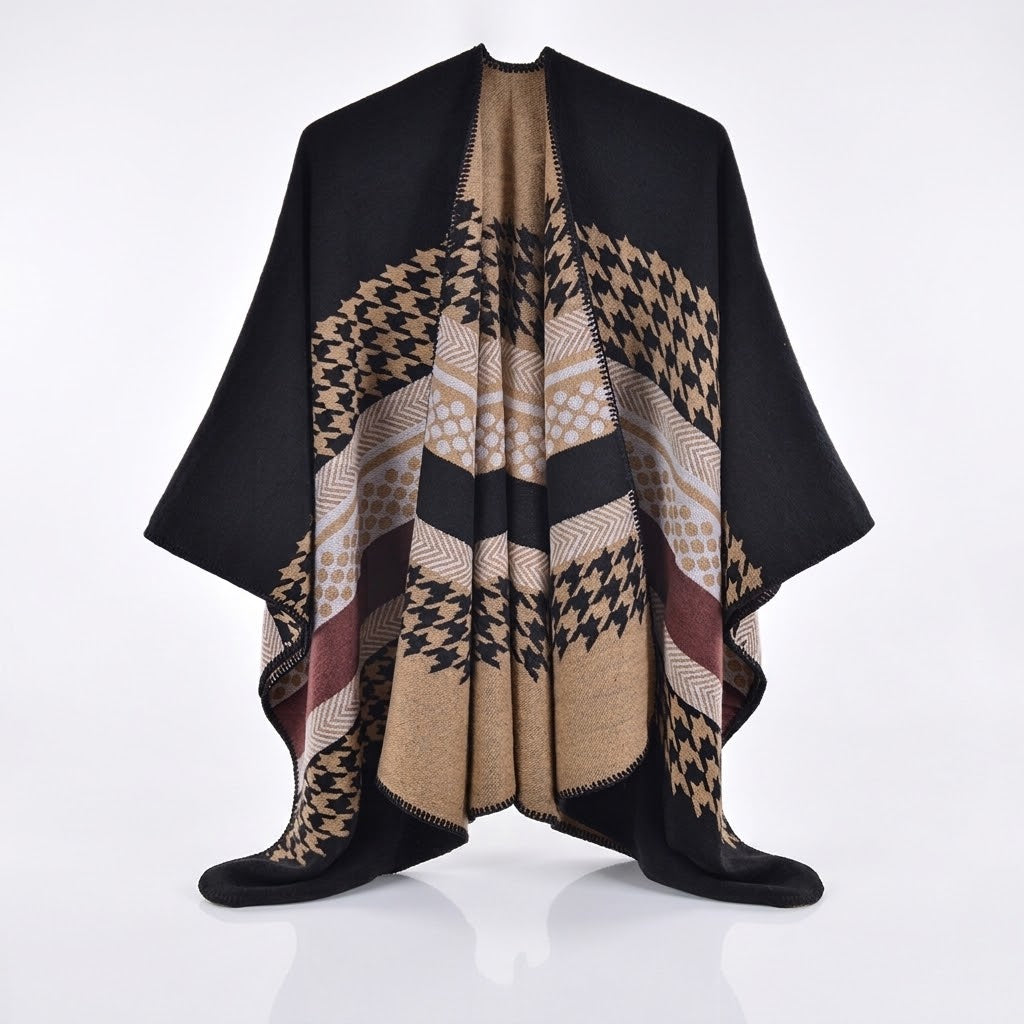 Women's Houndstooth Stripe Faux Cashmere Split Poncho