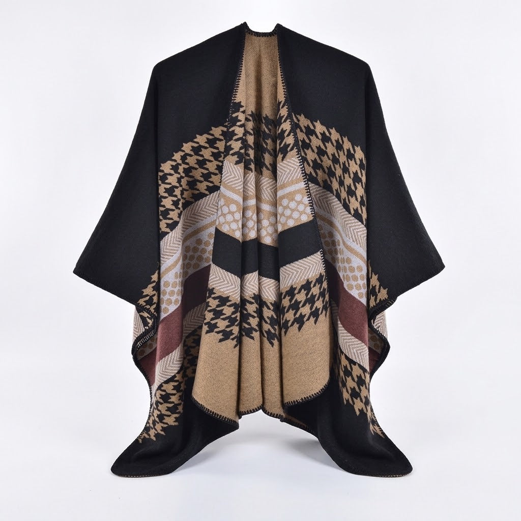 Poncho fendu en faux cachemire à motif pied-de-poule pour femme