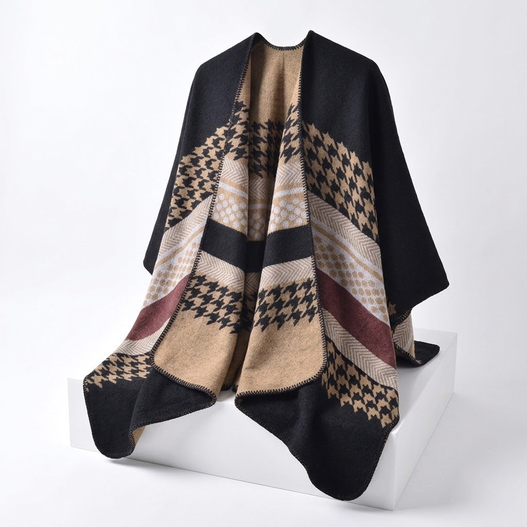Poncho fendu en faux cachemire à motif pied-de-poule pour femme