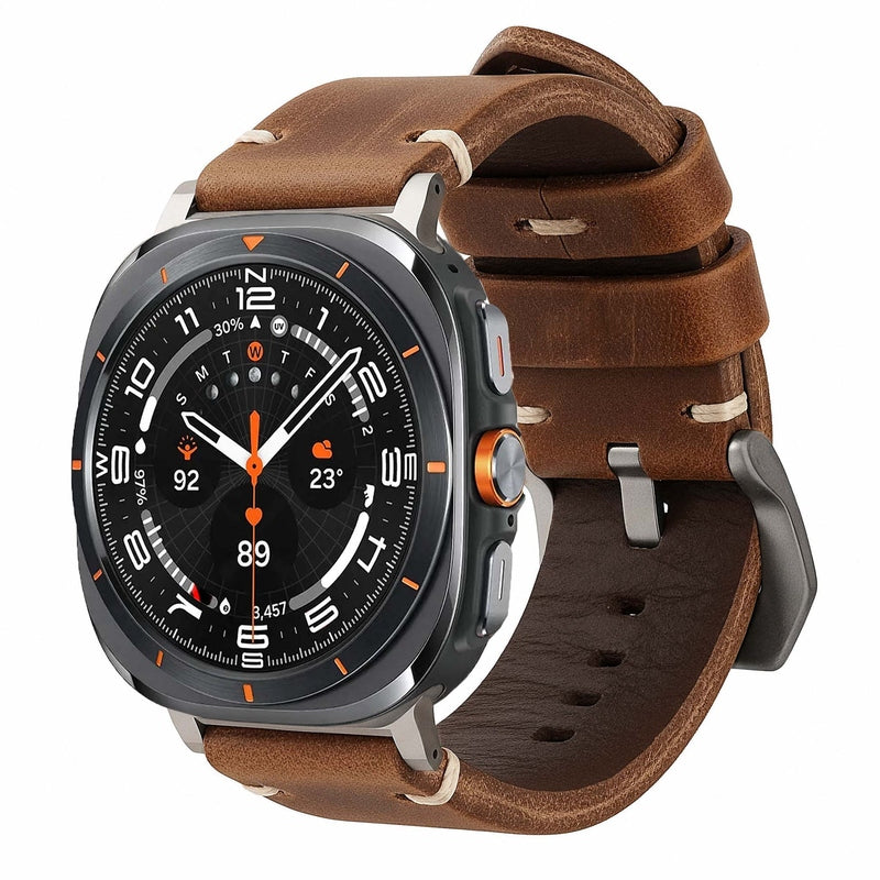 Tan genuine leather strap for Samsung Galaxy Watch Ultra with cream stitching