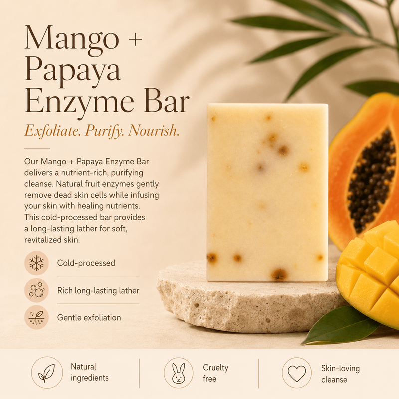Mango and papaya enzyme bar soap with fresh fruit slices