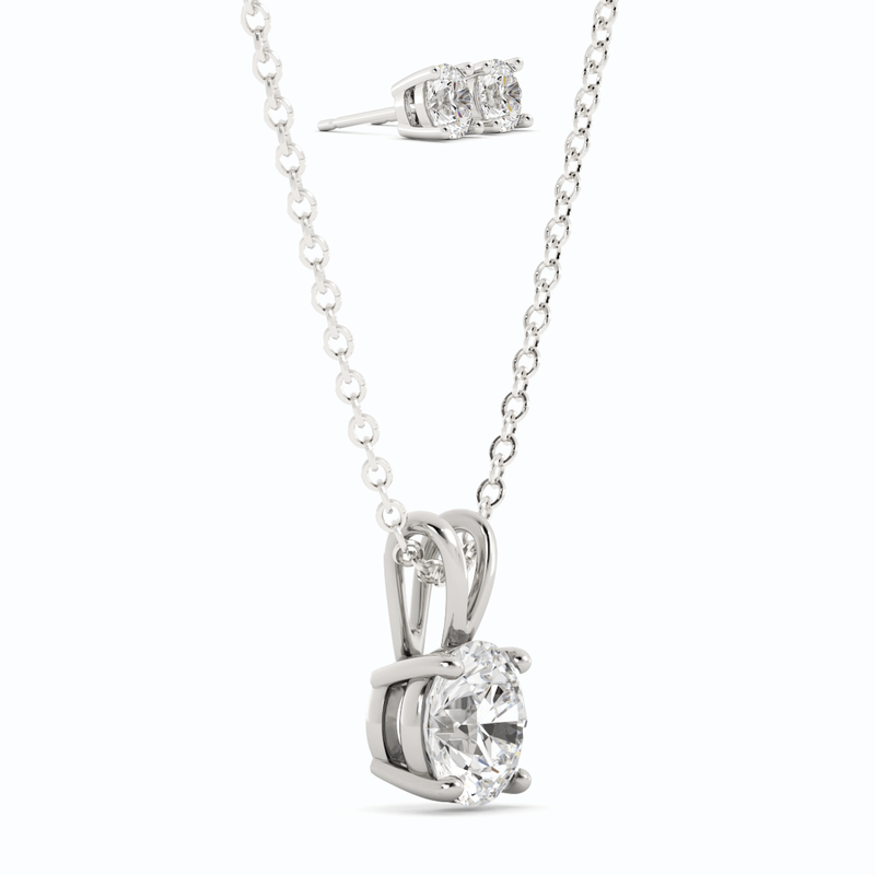 Side profile of round-cut Moissanite pendant setting on chain