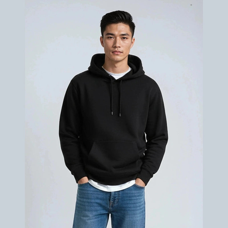 Men's black heavyweight fleece pullover hoodie with kangaroo pocket