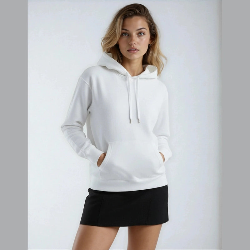 Women's white heavyweight pullover hoodie with hands in pockets