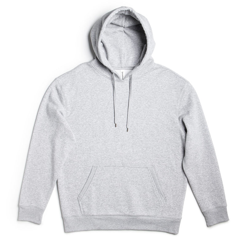Light heather grey pullover hoodie with metal aglet drawstrings