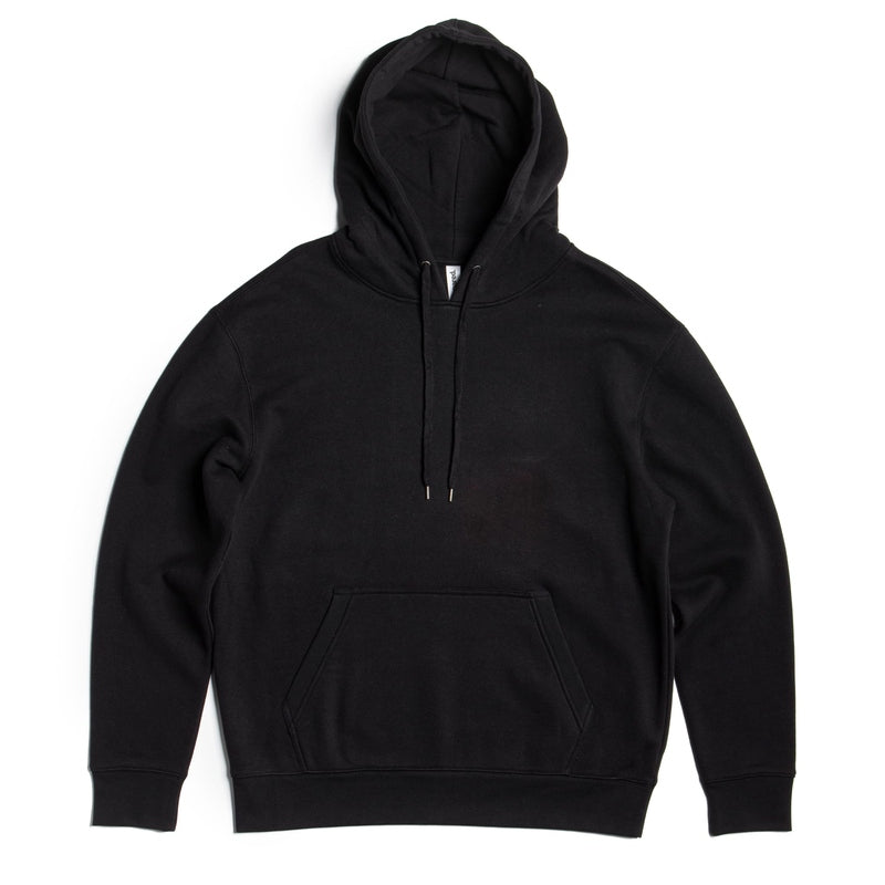 Black pullover hoodie with ribbed trim and adjustable drawstrings