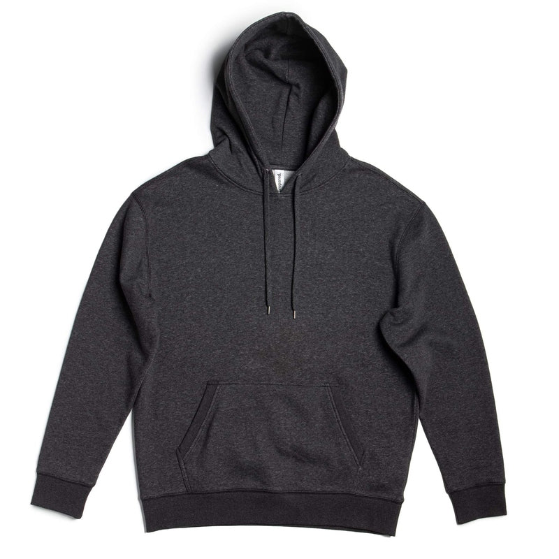 Charcoal heather pullover hoodie textured fabric and ribbed waistband