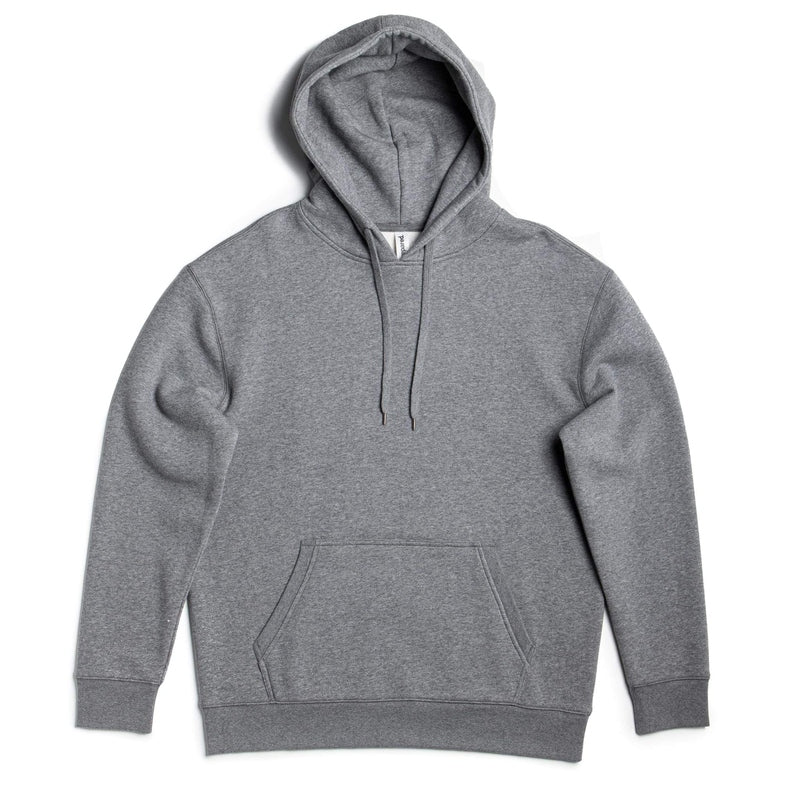 Heather grey heavyweight pullover hoodie showing fabric texture