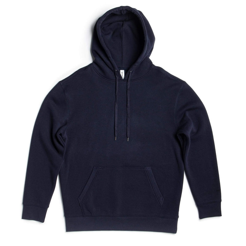 Solid navy blue pullover hoodie with shoulder seam construction