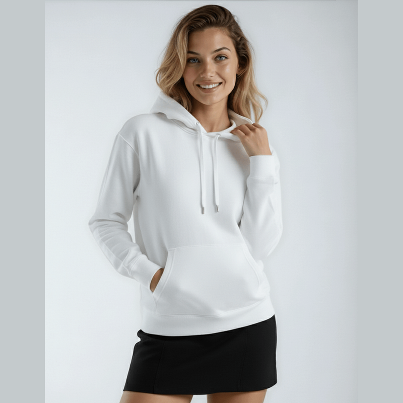 White fleece pullover hoodie held at collar showing fit