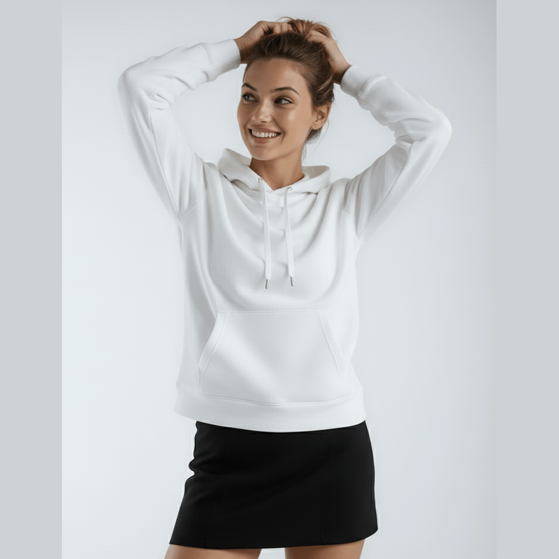 White heavyweight pullover hoodie modeled with ribbed hem detail