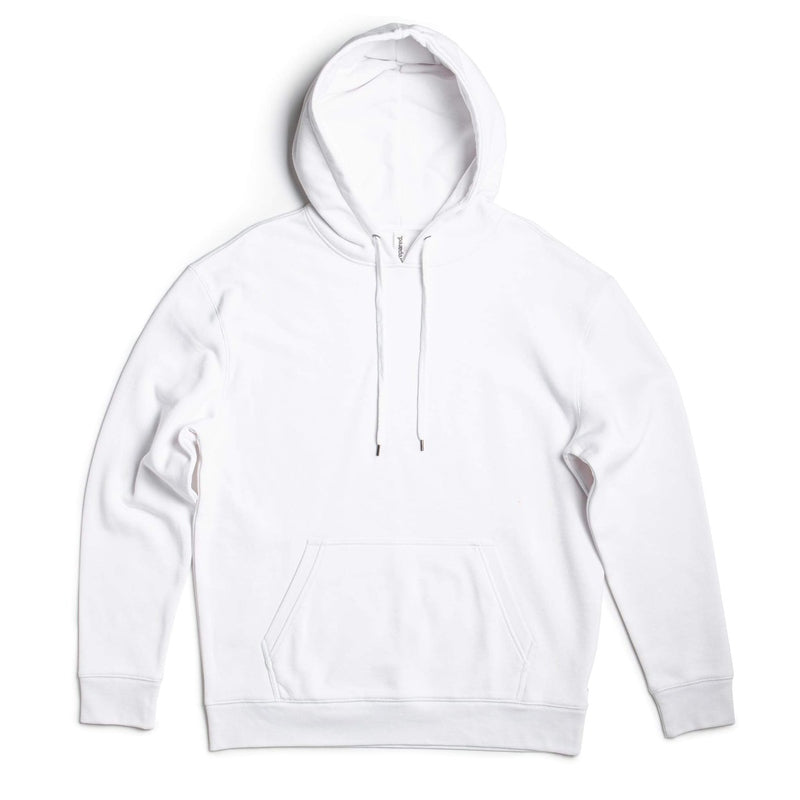 White cotton blend pullover hoodie flat lay with ribbed cuffs
