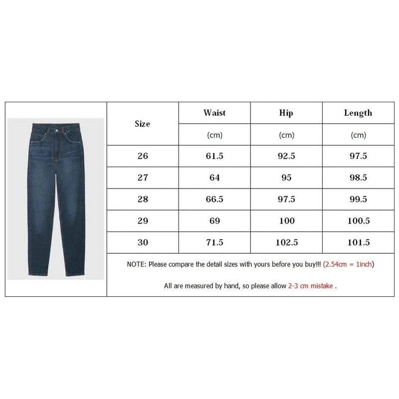 Size chart for women's high waist stretch jeans displaying waist, hip, and length measurements