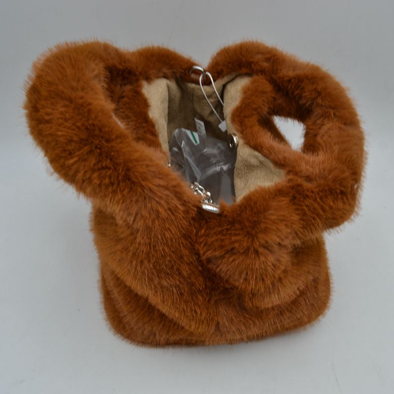 Fluffy Plush Handbag with Integrated Top Handle and Metallic Chain Strap