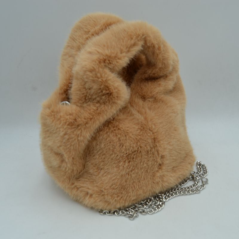 Fluffy Plush Handbag with Integrated Top Handle and Metallic Chain Strap