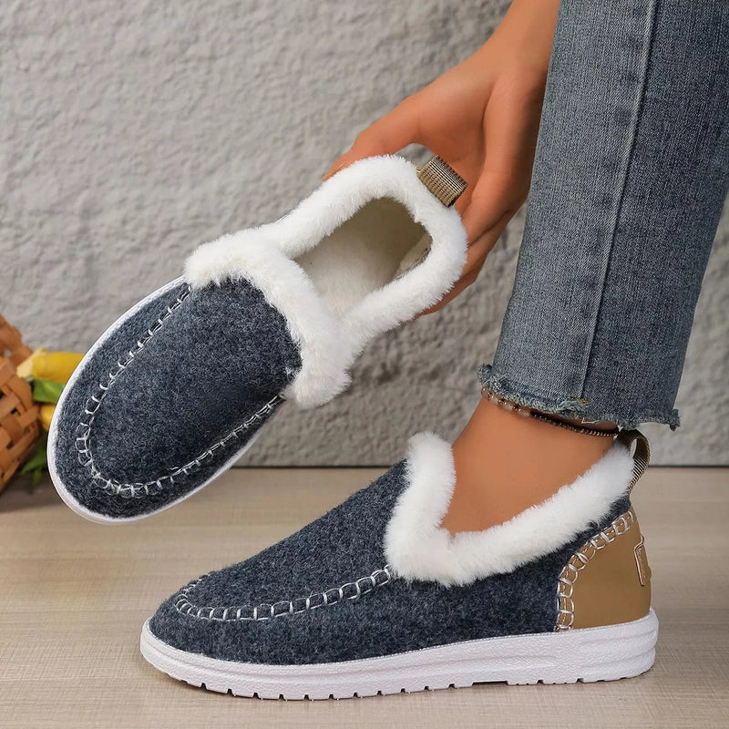 Close-up of dark blue slip-on interior fur and opening