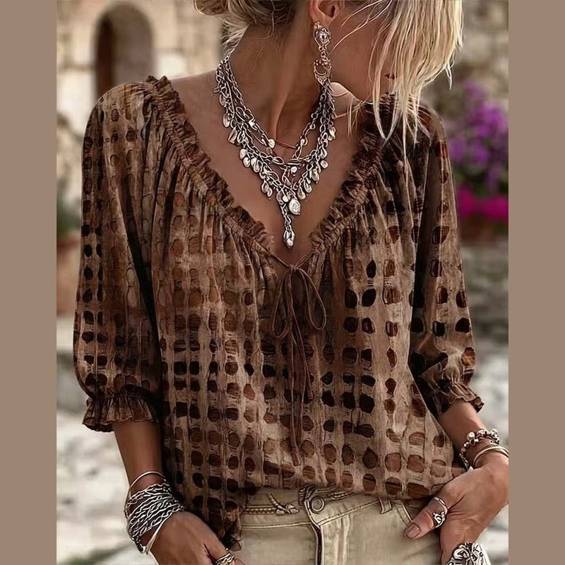 Coffee brown polka-dot ethnic print blouse featuring deep V-neck tie closure and gathered sleeves
