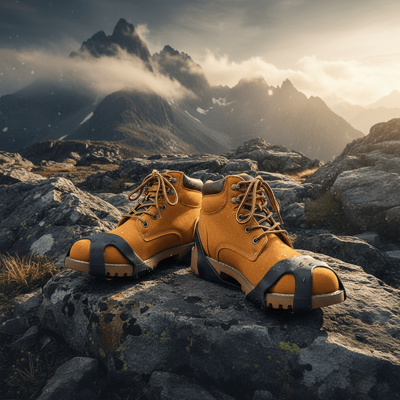 Black toe and heel traction guards on hiking boots outdoors