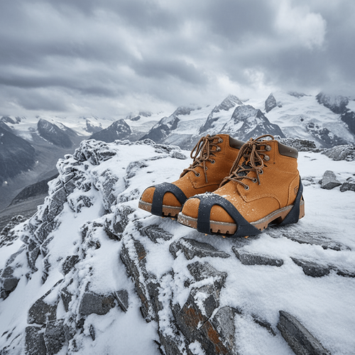 Traction covers on tan boots for winter snow and ice grip