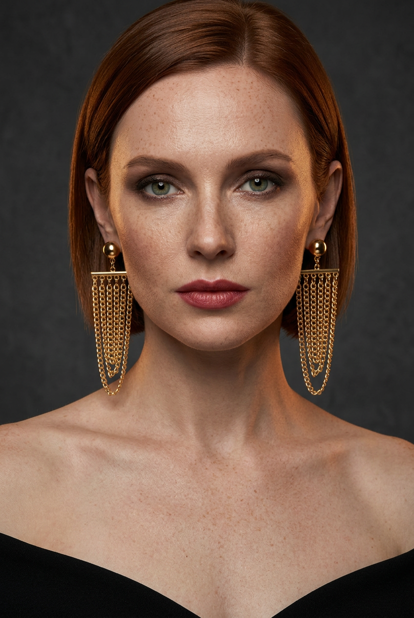 Auburn-haired model wearing the gold-tone cascading chain earrings