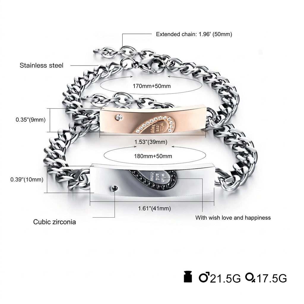 Titanium steel puzzle couple bracelet size chart with rose gold and silver dimensions