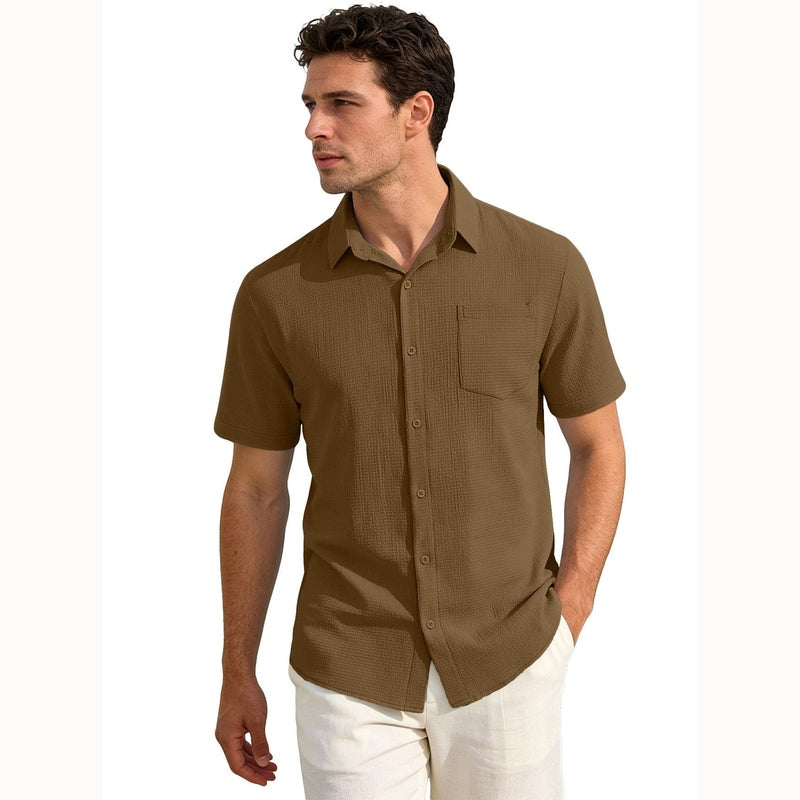 Men's brown textured waffle weave short sleeve button-up shirt